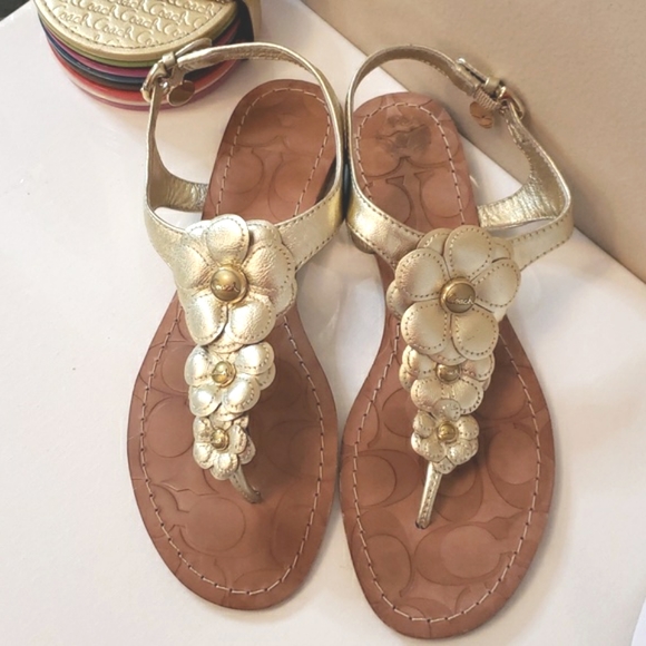 Coach Shoes - Coach Gold Omega Flower Sandals 7 EUC